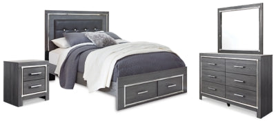 Cama Queen Lodanna con paneles tapizados, cómoda, espejo y mesita de noche.