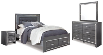 Cama Queen Lodanna con almacenamiento, tocador con espejo y mesita de noche