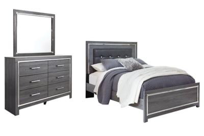 Cama Queen Lodanna con paneles, cómoda y espejo