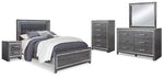 Cama Queen Lodanna con paneles, tocador, espejo, cómoda y mesita de noche