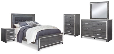 Cama Queen Lodanna con paneles, tocador, espejo, cómoda y mesita de noche