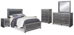 Cama Queen Lodanna con paneles tapizados, tocador, espejo y dos mesitas de noche
