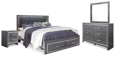 Cama Queen Lodanna con paneles tapizados, tocador, espejo y mesita de noche