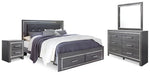 Cama Queen Lodanna con paneles tapizados, tocador, espejo y mesita de noche