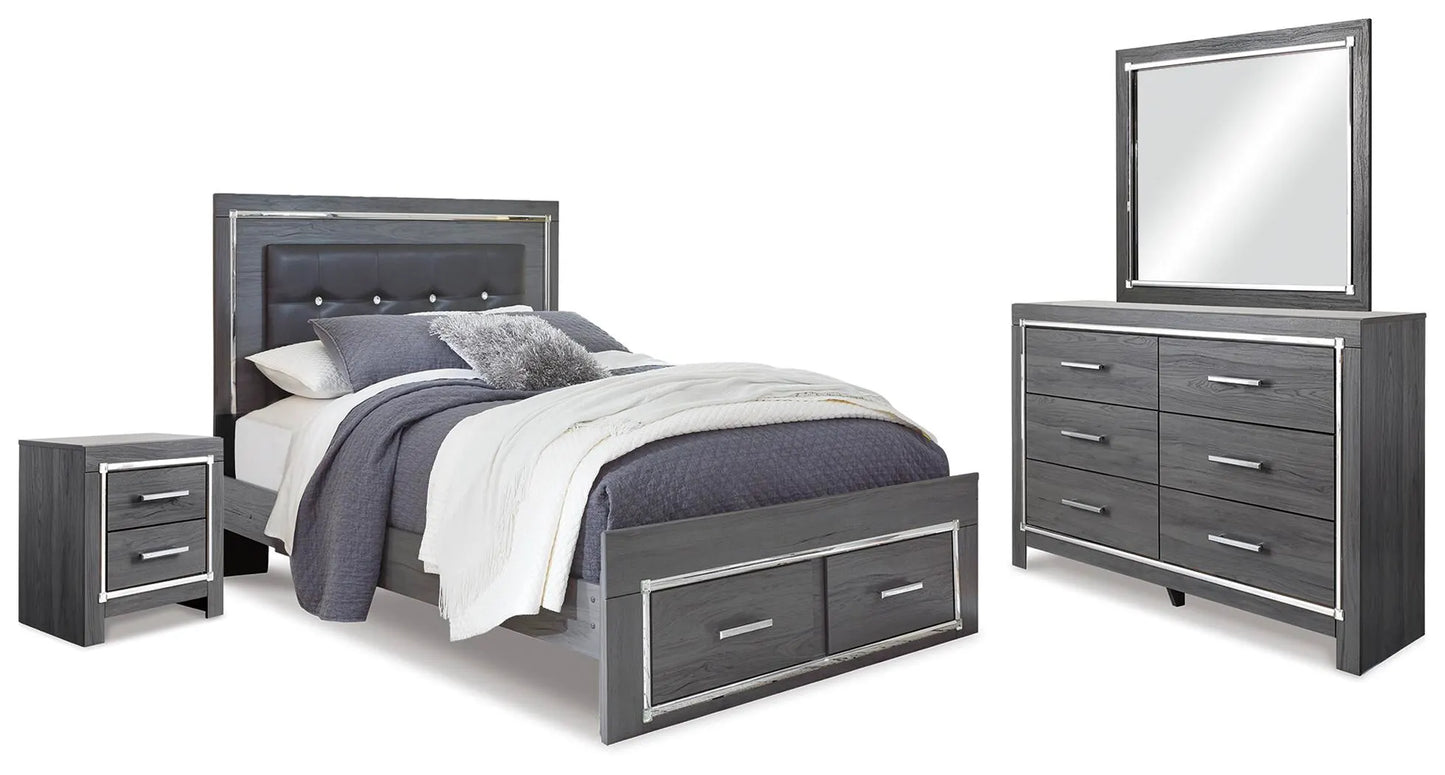Cama Queen Lodanna con almacenaje, tocador, espejo y dos mesitas de noche