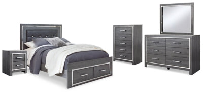 Cama Queen Lodanna con almacenamiento, tocador, espejo, cómoda y mesita de noche