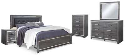 Cama King Lodanna con paneles, tocador, espejo, cómoda y dos mesitas de noche