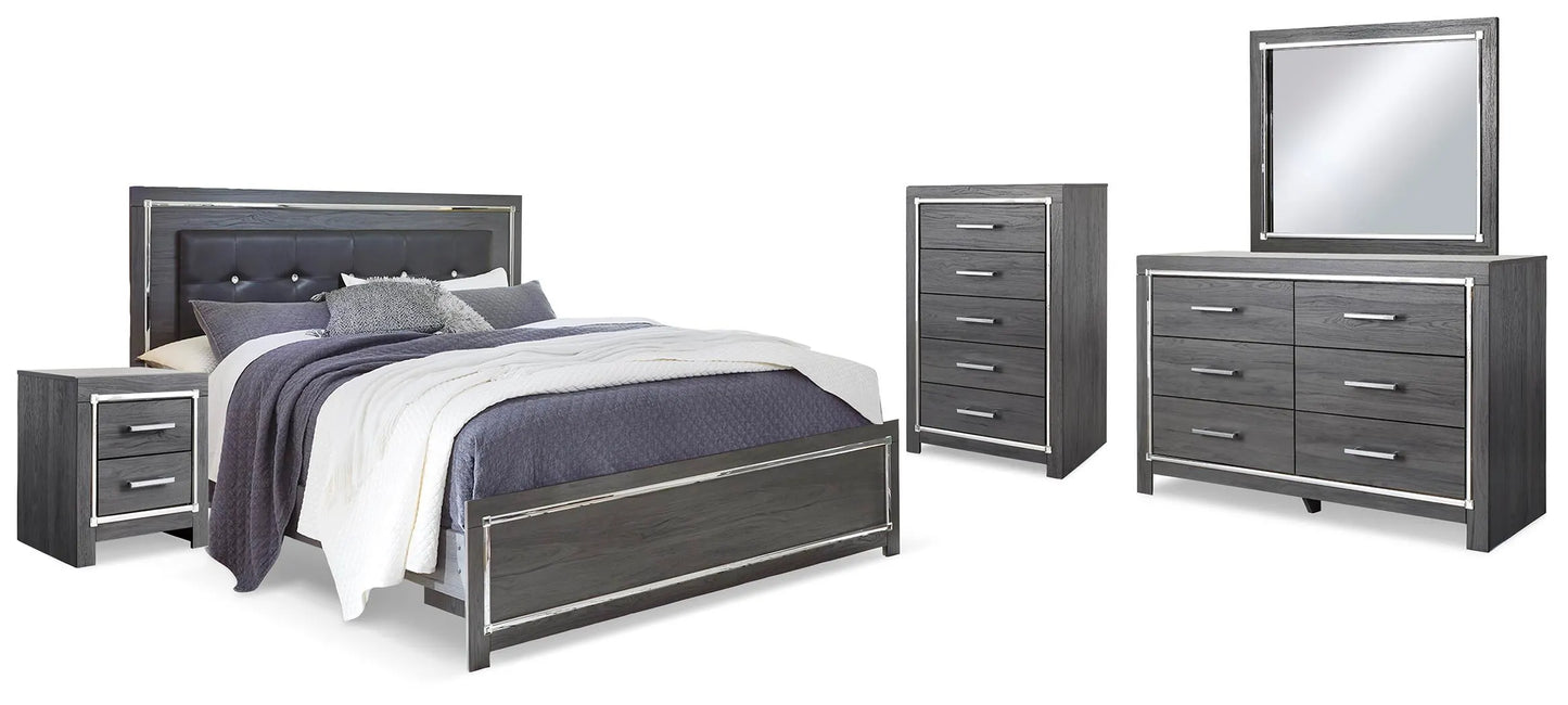 Cama King Lodanna con paneles, tocador, espejo, cómoda y dos mesitas de noche