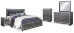 Cama King Lodanna con paneles, tocador, espejo, cómoda y dos mesitas de noche