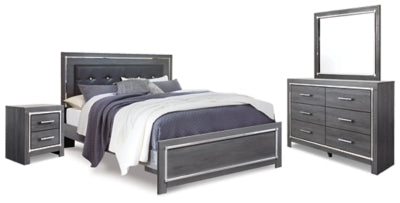 Cama King tapizada Lodanna con paneles, tocador, espejo y mesita de noche