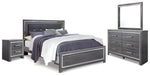 Cama King tapizada Lodanna con paneles, tocador, espejo y mesita de noche