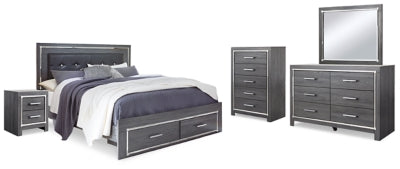 Cama King tapizada con almacenaje, tocador, espejo, cómoda y mesita de noche Lodanna