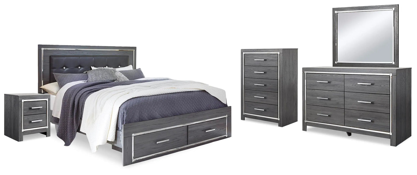 Cama King Lodanna tapizada con almacenaje, tocador, espejo, cómoda y dos mesitas de noche