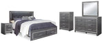 Cama King Lodanna tapizada con almacenaje, tocador, espejo, cómoda y dos mesitas de noche