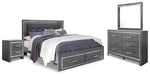 Cama King Lodanna con almacenamiento, tocador con espejo y mesita de noche