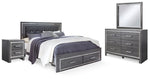 Cama King Lodanna con almacenaje, tocador, espejo y dos mesitas de noche
