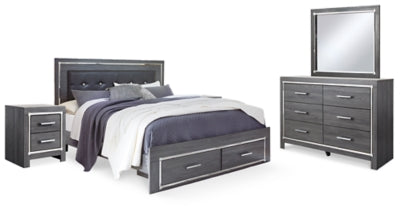 Cama King Lodanna con almacenaje, tocador, espejo y dos mesitas de noche