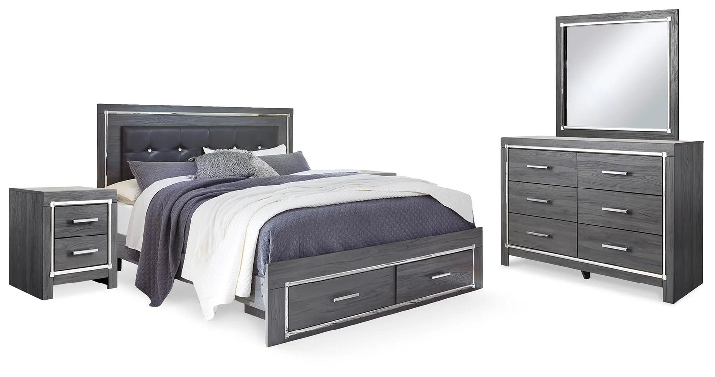 Cama King Lodanna con almacenaje, tocador, espejo y dos mesitas de noche