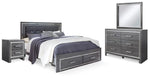 Cama King Lodanna con almacenaje, tocador, espejo y dos mesitas de noche