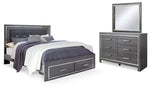 Cama King tapizada con almacenaje, tocador y espejo Lodanna