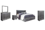 Cama King tapizada con almacenaje, tocador, espejo, cómoda y mesita de noche Lodanna