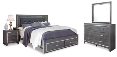 Cama King tapizada con almacenaje, tocador, espejo y mesita de noche Lodanna