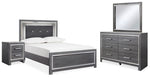 Cama Lodanna con paneles tapizados, tocador, espejo y mesita de noche