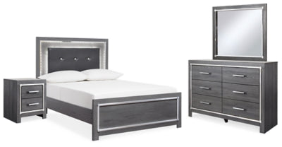 Cama Lodanna con paneles tapizados, tocador, espejo y mesita de noche
