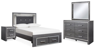 Cama Lodanna con almacenaje completo, tocador, espejo y dos mesitas de noche