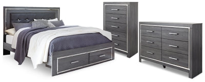 Cama King con almacenaje, cómoda y arcón Lodanna