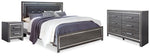 Cama King tapizada con paneles, cómoda y mesita de noche Lodanna