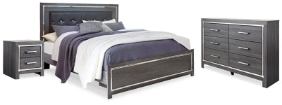 Cama King tapizada con paneles, cómoda y mesita de noche Lodanna