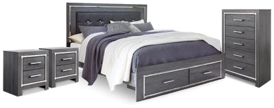 Cama King con almacenaje Lodanna, cómoda y dos mesitas de noche