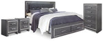 Cama King con almacenaje Lodanna, cómoda y dos mesitas de noche