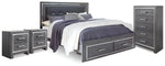 Cama King con almacenaje Lodanna, cómoda y dos mesitas de noche
