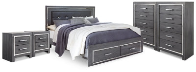Cama King Lodanna con almacenaje, 2 cómodas y 2 mesitas de noche