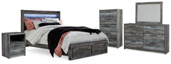 Cama Queen Baystorm con almacenamiento, tocador, espejo, cómoda y dos mesitas de noche