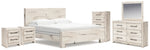 Cama King con paneles Lawroy, tocador, espejo, cómoda y mesita de noche