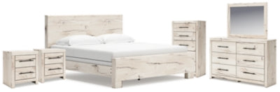 Cama King con paneles Lawroy, tocador, espejo, cómoda y mesita de noche