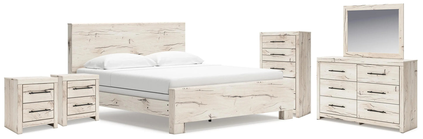 Cama King con paneles Lawroy, tocador, espejo, cómoda y mesita de noche