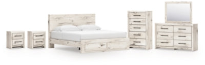 Cama King con almacenamiento Lawroy, tocador, espejo, cómoda y dos mesitas de noche