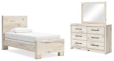 Cama individual con paneles, cómoda y espejo Lawroy