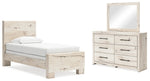 Cama individual con paneles, cómoda y espejo Lawroy