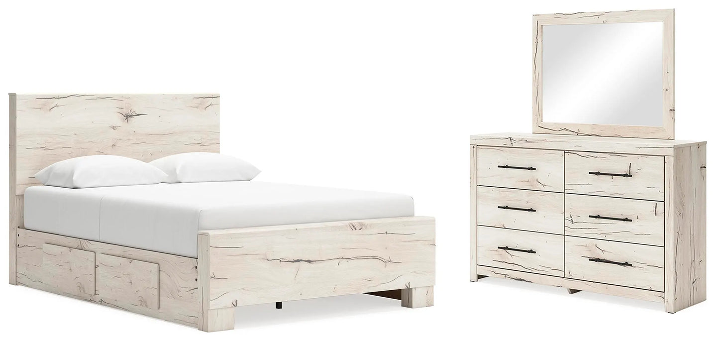 Cama Queen Lawroy con paneles, espacio de almacenamiento, tocador y espejo