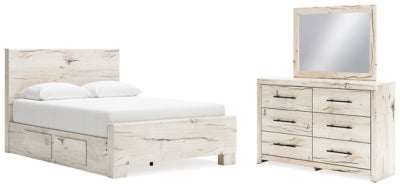 Cama Queen Lawroy con paneles, espacio de almacenamiento, tocador y espejo