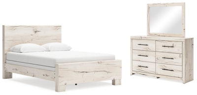 Cama Queen con paneles Lawroy, cómoda y espejo