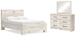 Cama Queen con paneles Lawroy, cómoda y espejo