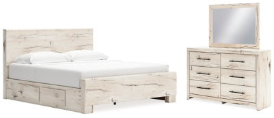 Cama King con paneles Lawroy, espacio de almacenamiento, tocador y espejo