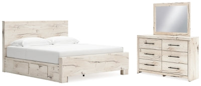 Cama King con paneles Lawroy, espacio de almacenamiento, tocador y espejo