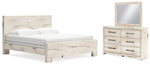 Cama King con paneles Lawroy, tocador y espejo